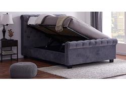 4ft6 Double Grey velvet fabric, buttoned back Whitley bed frame. Sleigh/scroll end design 1